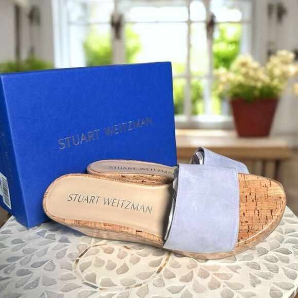 Stuart Weitzman $375 Summer Suede Leather Wedge Slide Sandals Cork Platform Slip - Picture 6 of 14